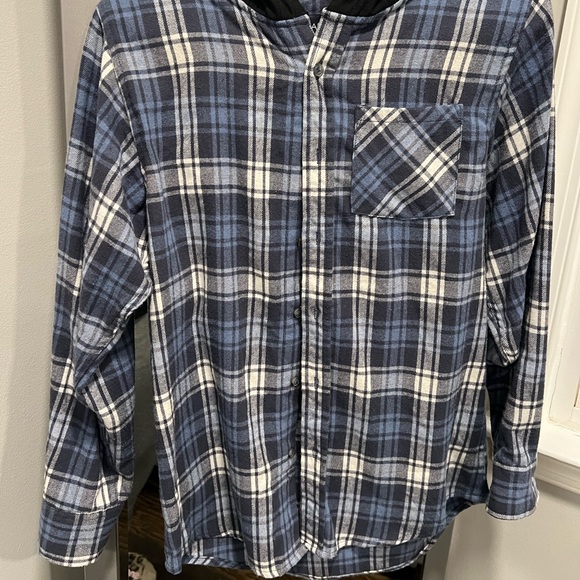 Boys blue and white flannel with hoodie - Picture 1 of 5